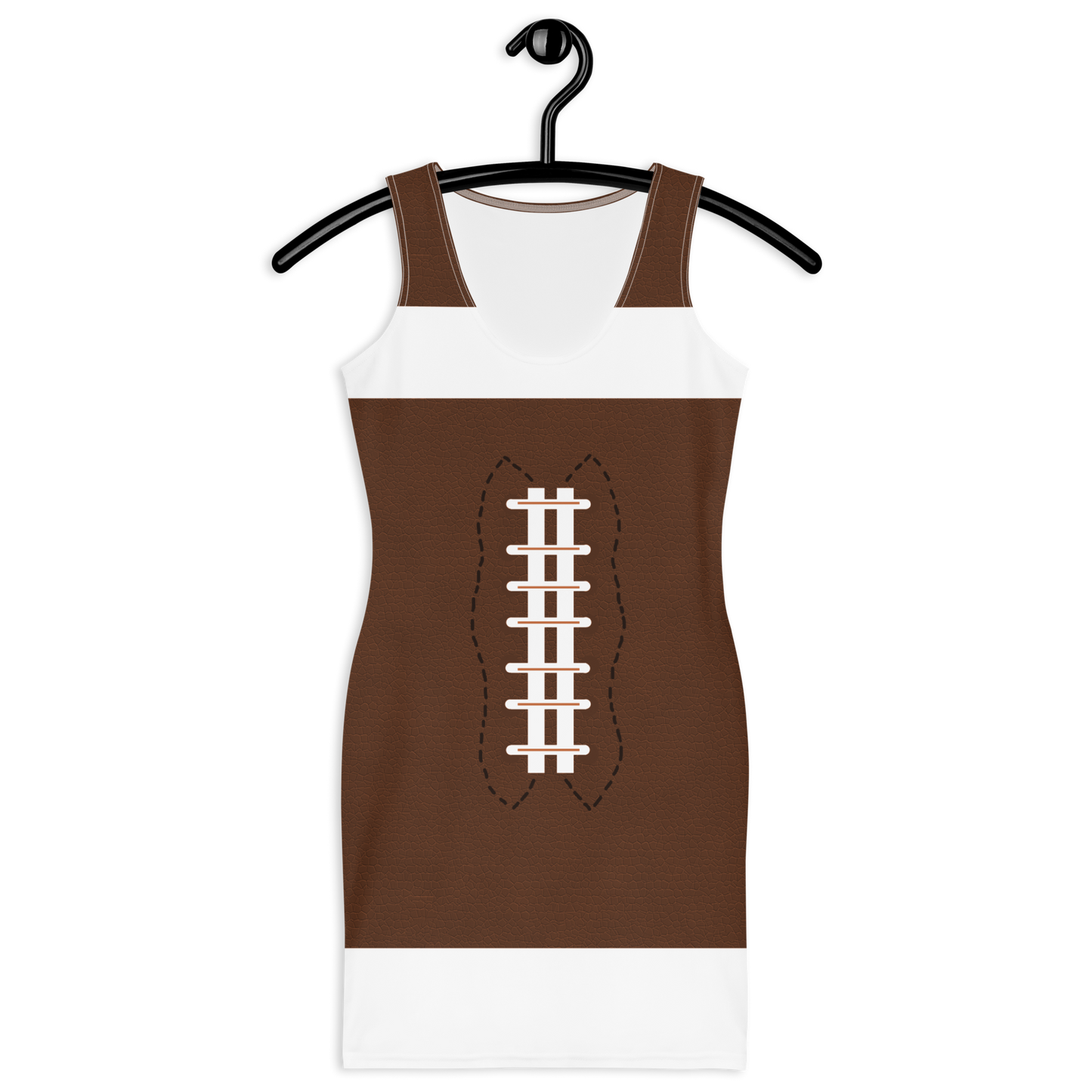 American football ball inspired bodycon tank spandex dress for women. Great for sport events, Super Bowl, Rugby, party, as Halloween, cosplay costume or a gift. Flattering silhouette, stretchable, sleeveless fitted dress. Premium quality butter soft, smooth, comfortable fabric which is light, breathable. Sizes XS-XL.