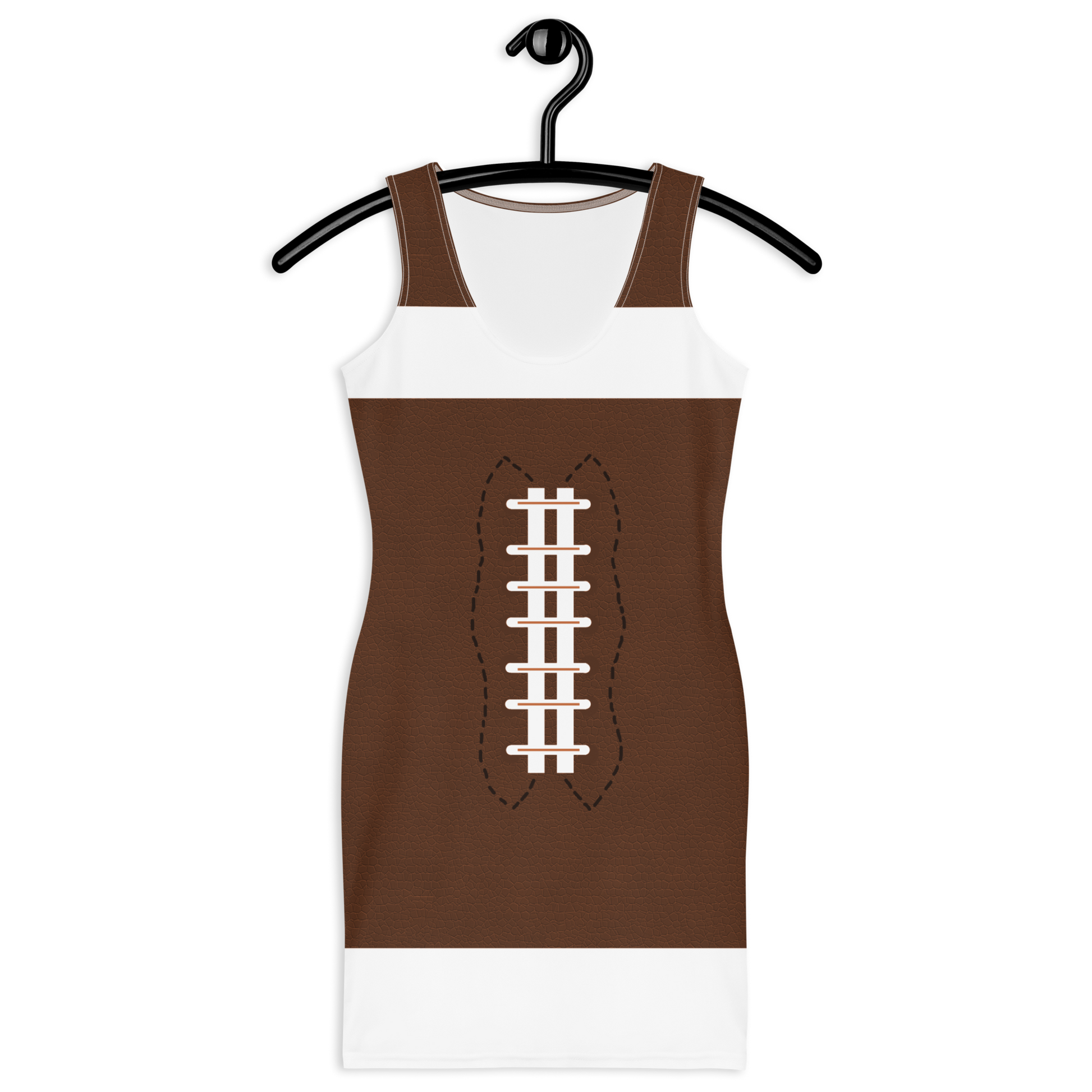 American football ball inspired bodycon tank spandex dress for women. Great for sport events, Super Bowl, Rugby, party, as Halloween, cosplay costume or a gift. Flattering silhouette, stretchable, sleeveless fitted dress. Premium quality butter soft, smooth, comfortable fabric which is light, breathable. Sizes XS-XL.